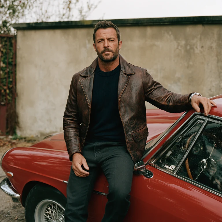 Bearded man in a brown leather jacket and dark knitwear resting one hand on a red car
