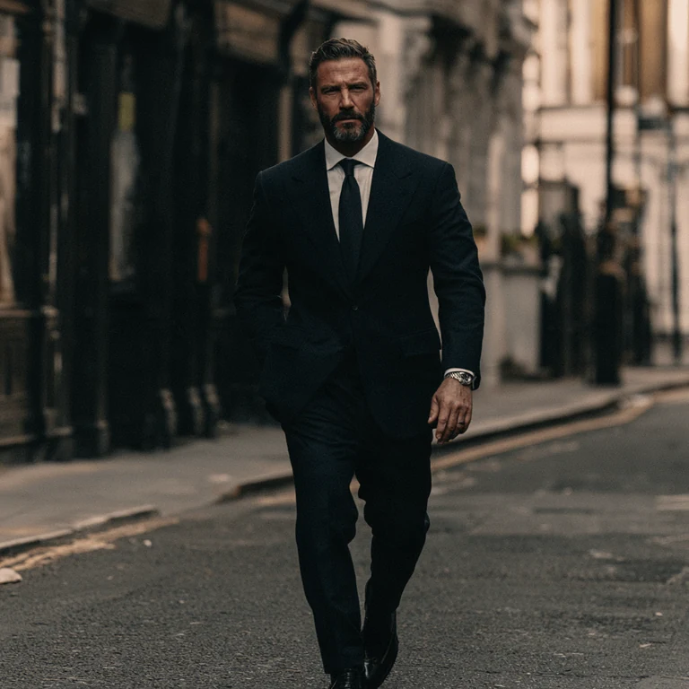 Mature bearded man in a navy suit and tie walking along a city street