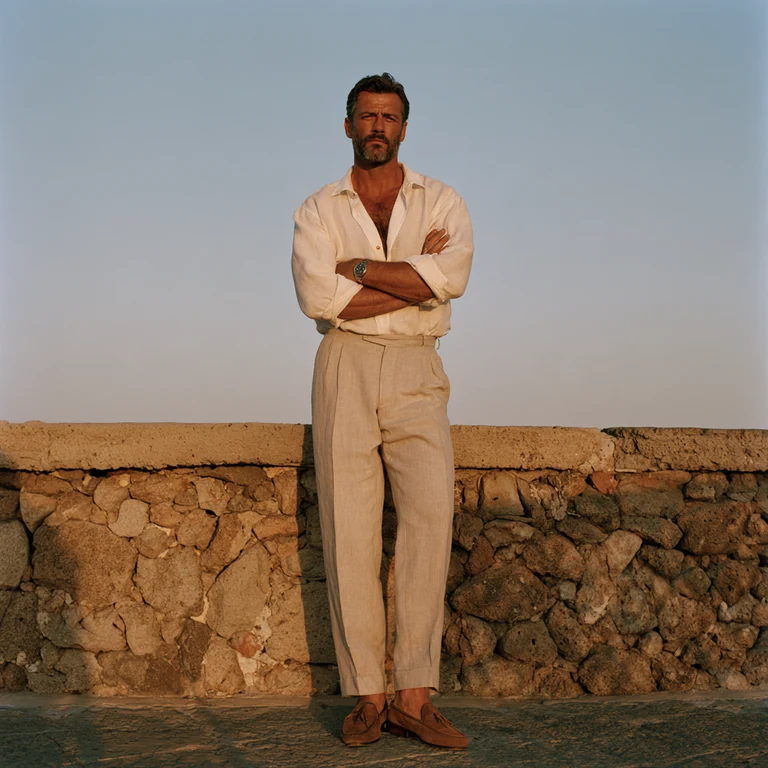 Man in an ivory linen shirt and trousers standing with crossed arms beside a stone wall
