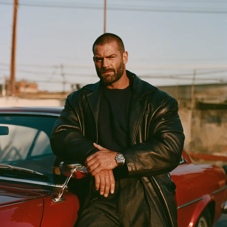 Buzzcut bearded man wearing a black leather jacket and dark knitwear, leaning on a red car with both hands visible