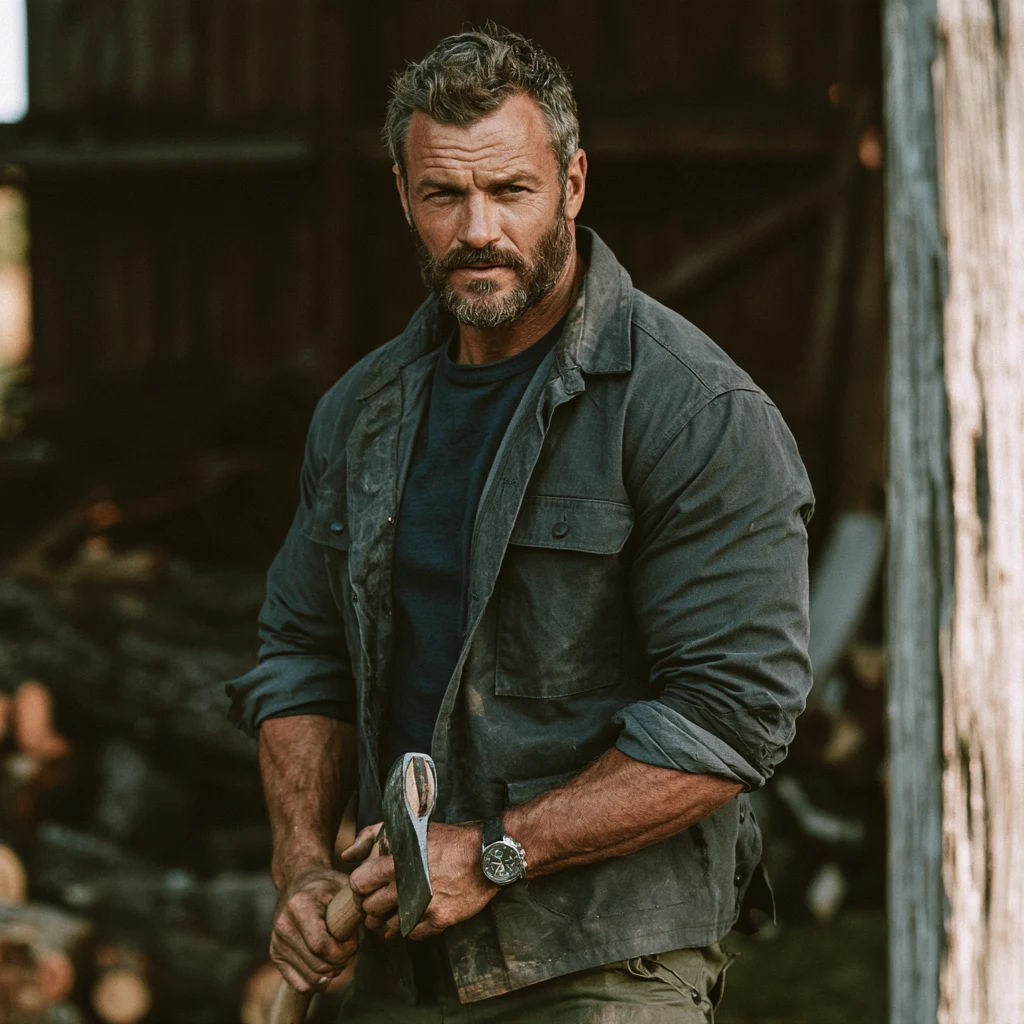 Mature bearded man in an olive work jacket holding a tool in a workshop, with his face and hands visible